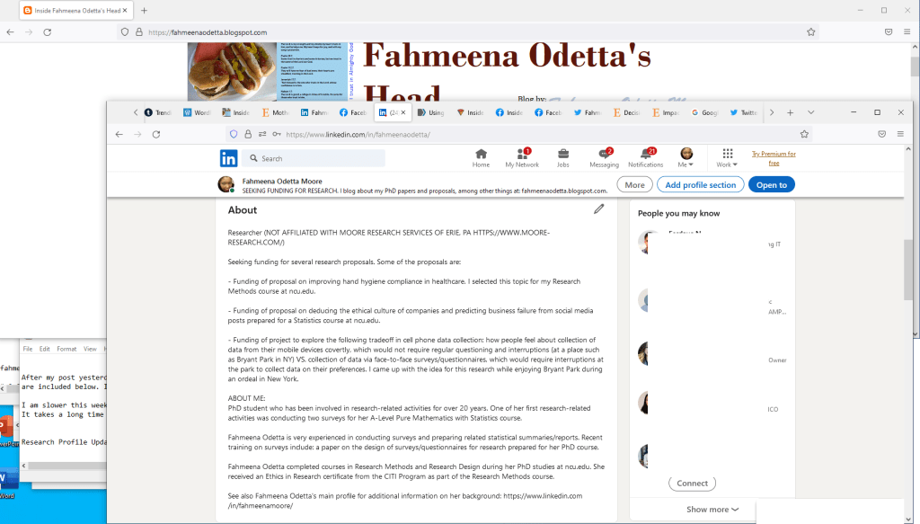 First Screenshot of Fahmeena Odetta Moore’s LinkedIn Research Profile 10.2022
