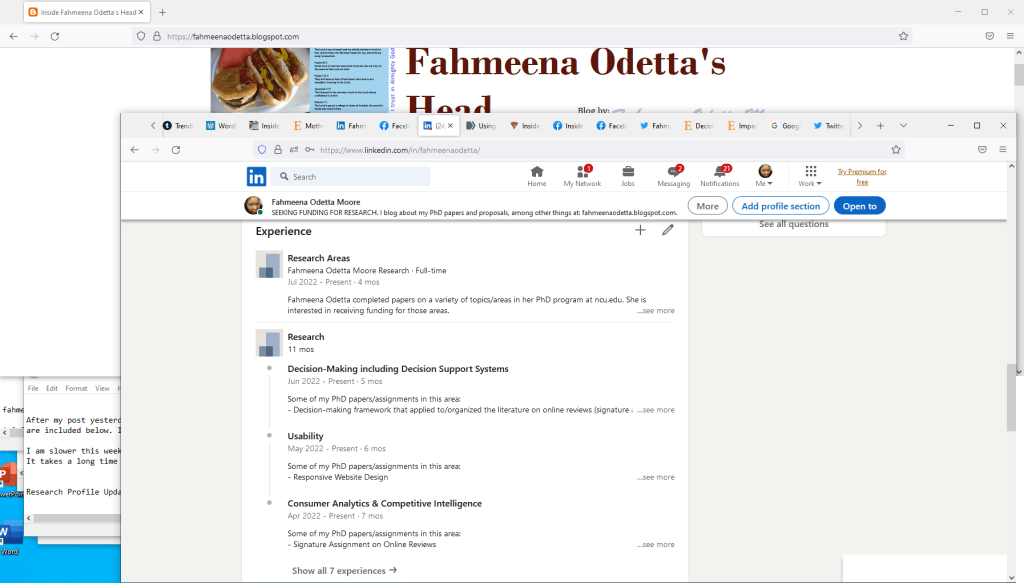 Second Screenshot of Fahmeena Odetta Moore’s LinkedIn Research Profile 10.2022