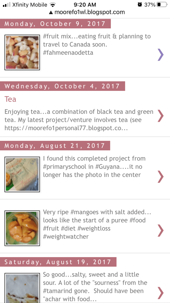 Screenshot of food blog Fahmeena Odetta Moore