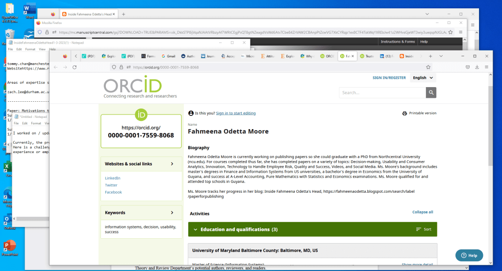 Screenshot of the ORCID profile of Fahmeena Odetta Moore