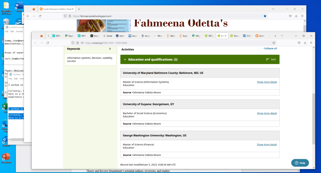 Screenshot of ORCID profile of Fahmeena Odetta Moore showing education