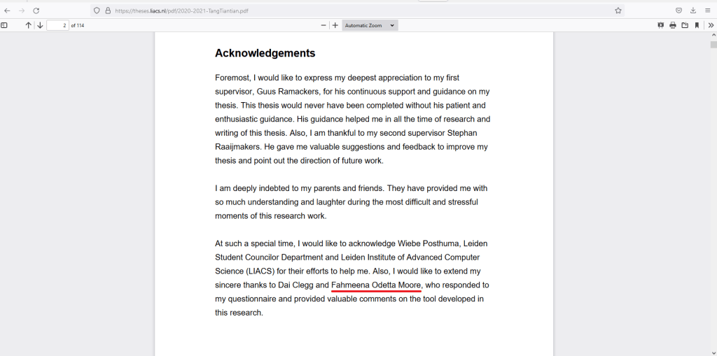 Acknowledgements section of paper showing Fahmeena Odetta Moore