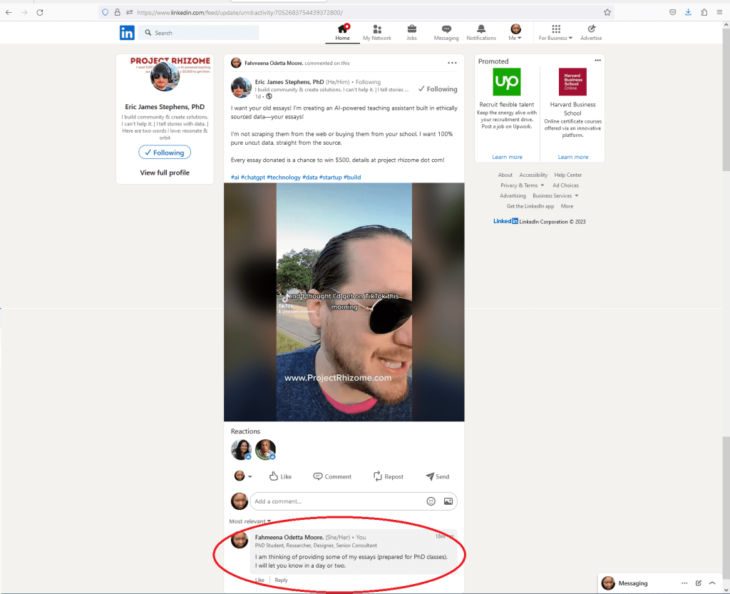 LinkedIn comment by Fahmeena Odetta Moore