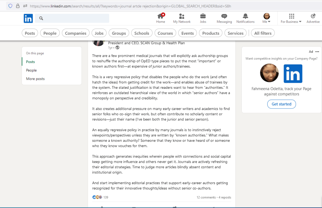 Screenshot of LinkedIn article by Fahmeena Odetta Moore 6/6-2