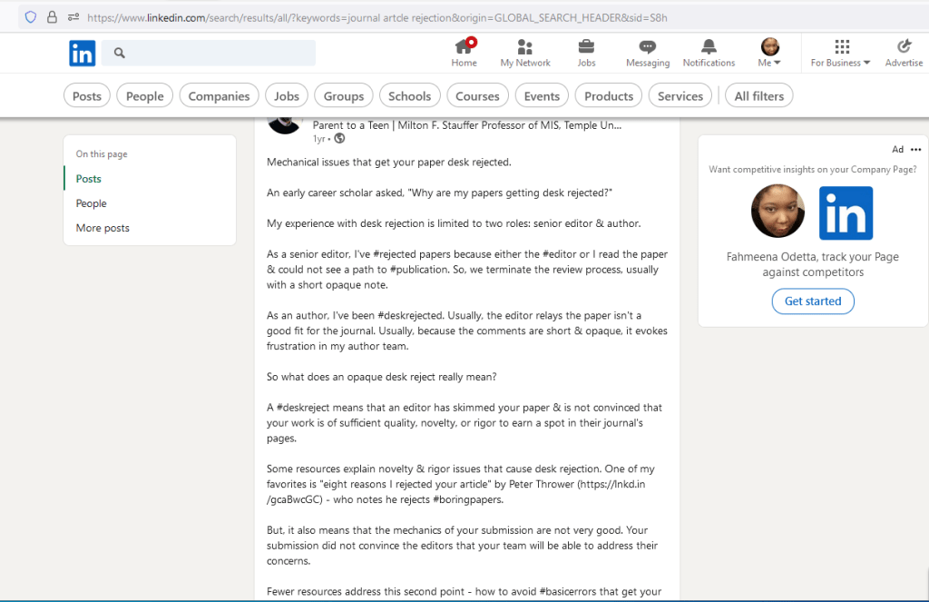 Screenshot of LinkedIn article by Fahmeena Odetta Moore 6/6-1
