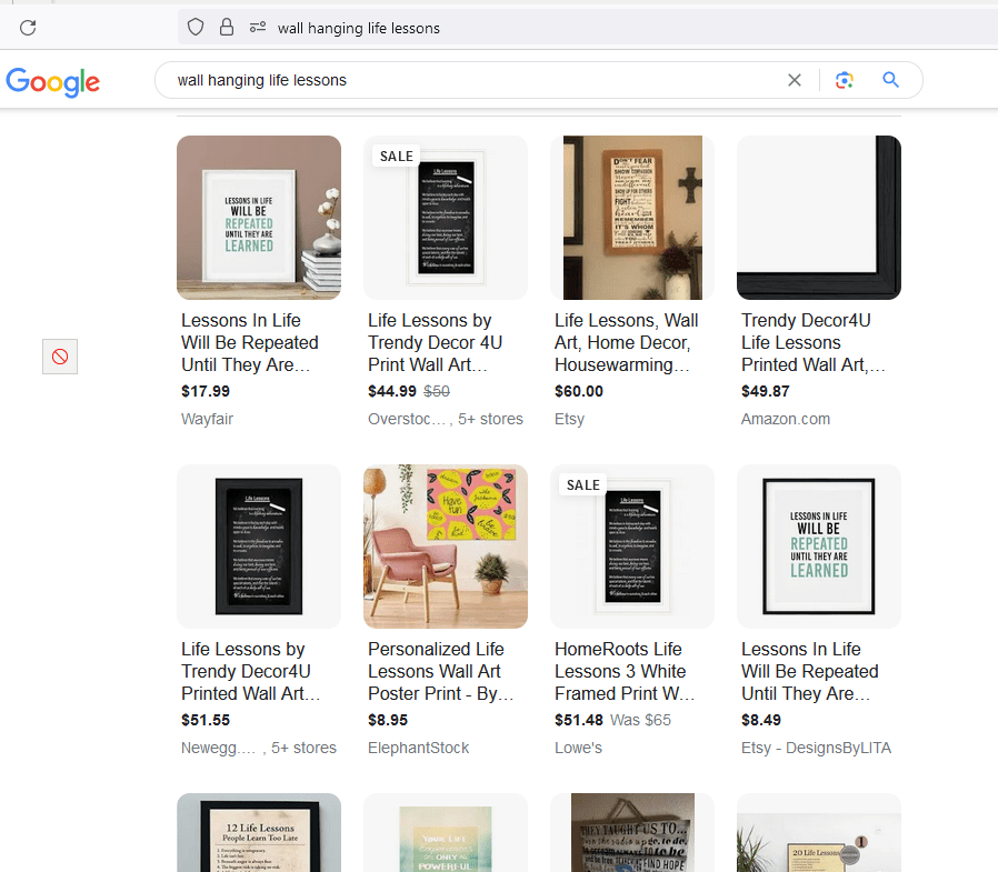 Partial results of Google search on life lessons wall hanging