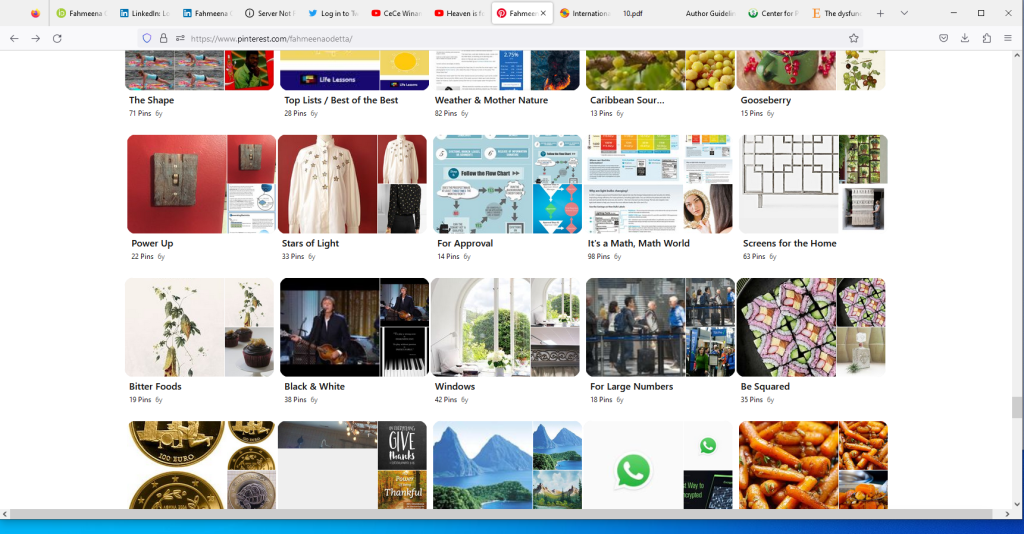 Screenshot showing some of the boards in Fahmeena Odetta Moore's Pinterest profile