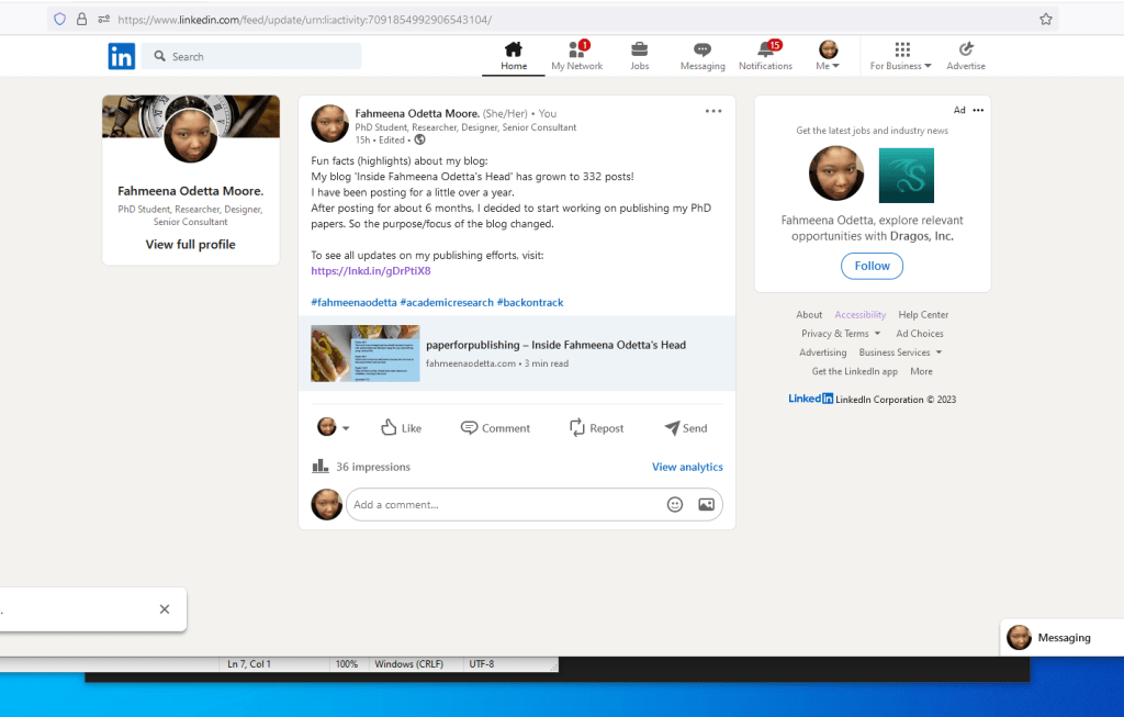 LinkedIn Blog Highlights Post by Fahmeena Odetta Moore 7-31-2023