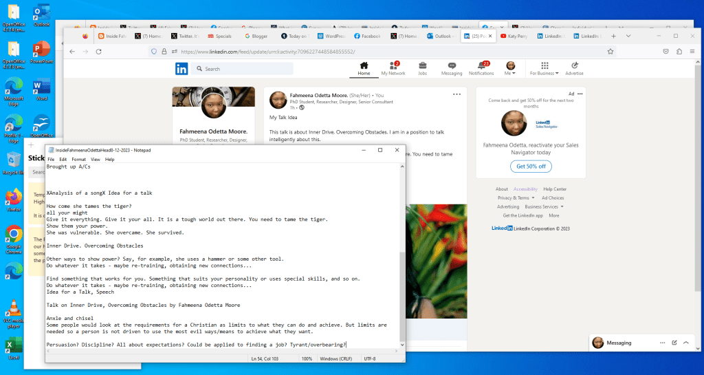 Further ideas for Talk on Inner Drive, Overcoming Obstacles by Fahmeena Odetta Moore