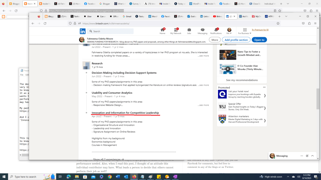 Screenshot showing update to the Linkedin research profile of Fahmeena Odetta Moore
