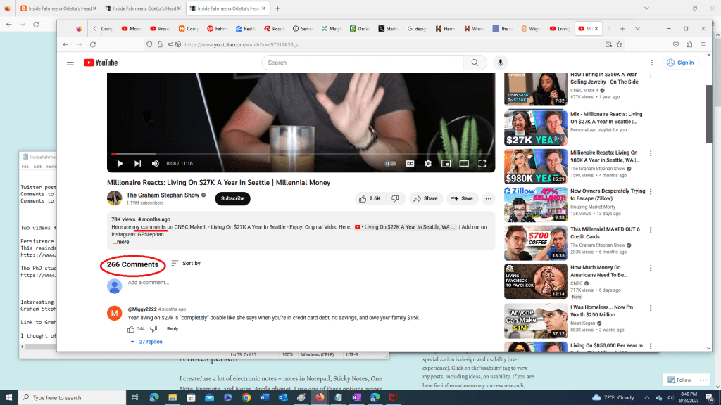 Screenshot showing comments to video commentary by GP Stephan (to CNBC YouTube video "Living On $27K A Year In Seattle, WA")

