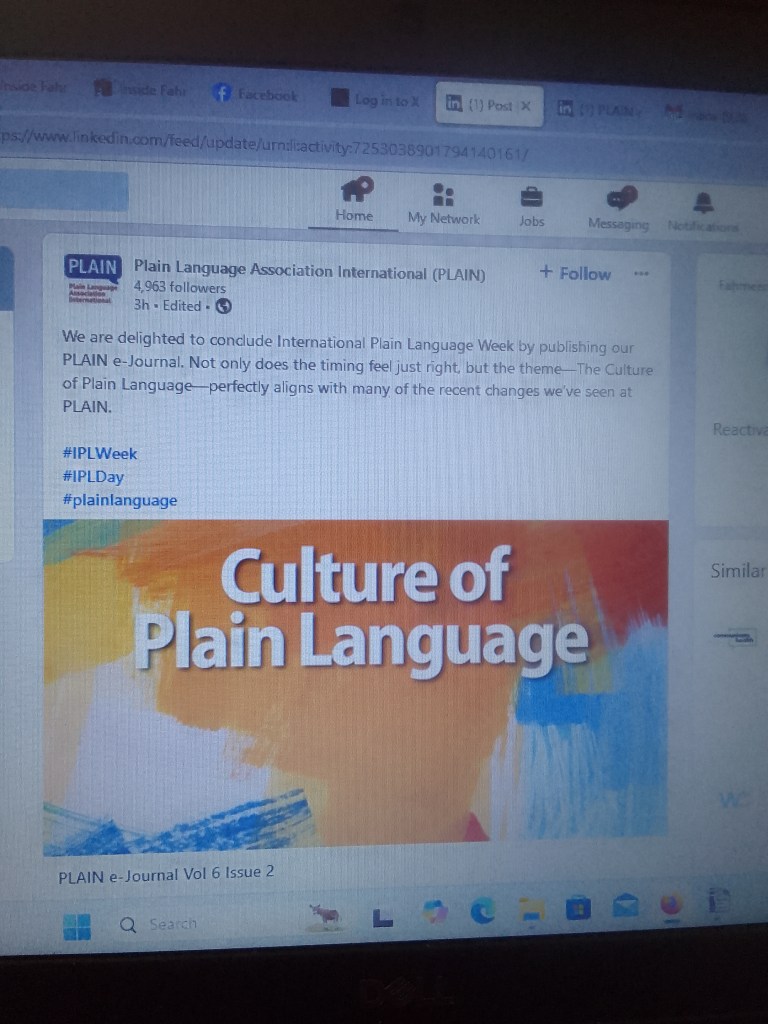 Screenshot showing theme of PLAIN journal Culture of Plain Language