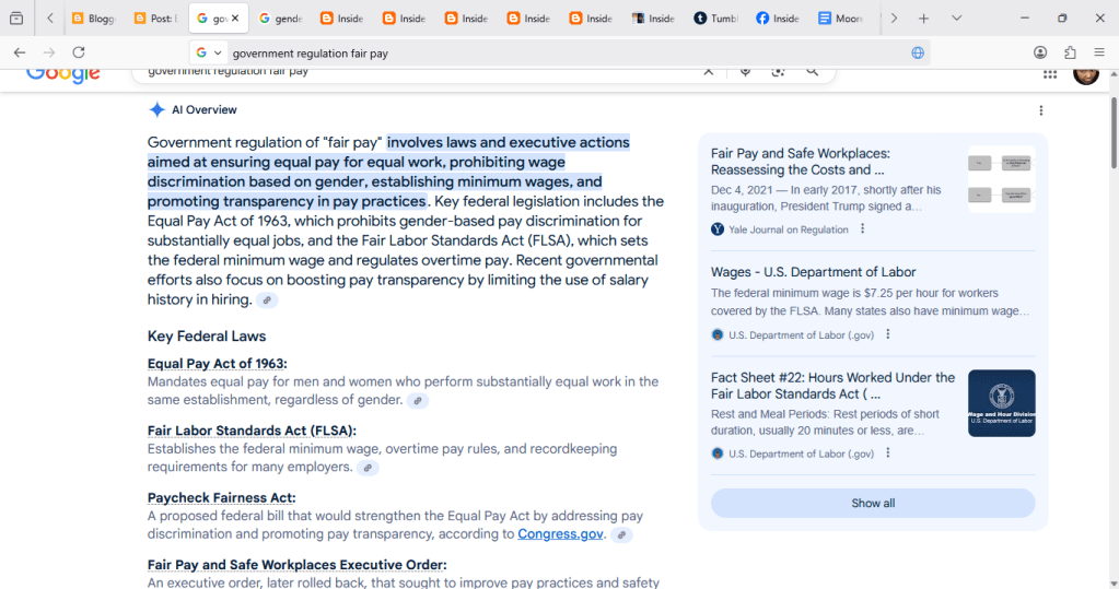 Screenshot showing Google search on equal pay