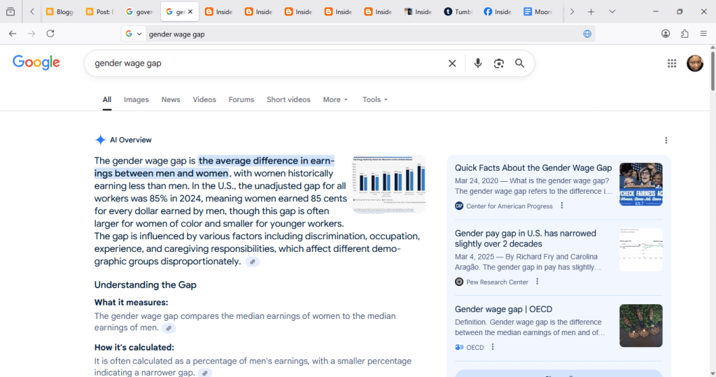 Screenshot showing Google search on wage gaps